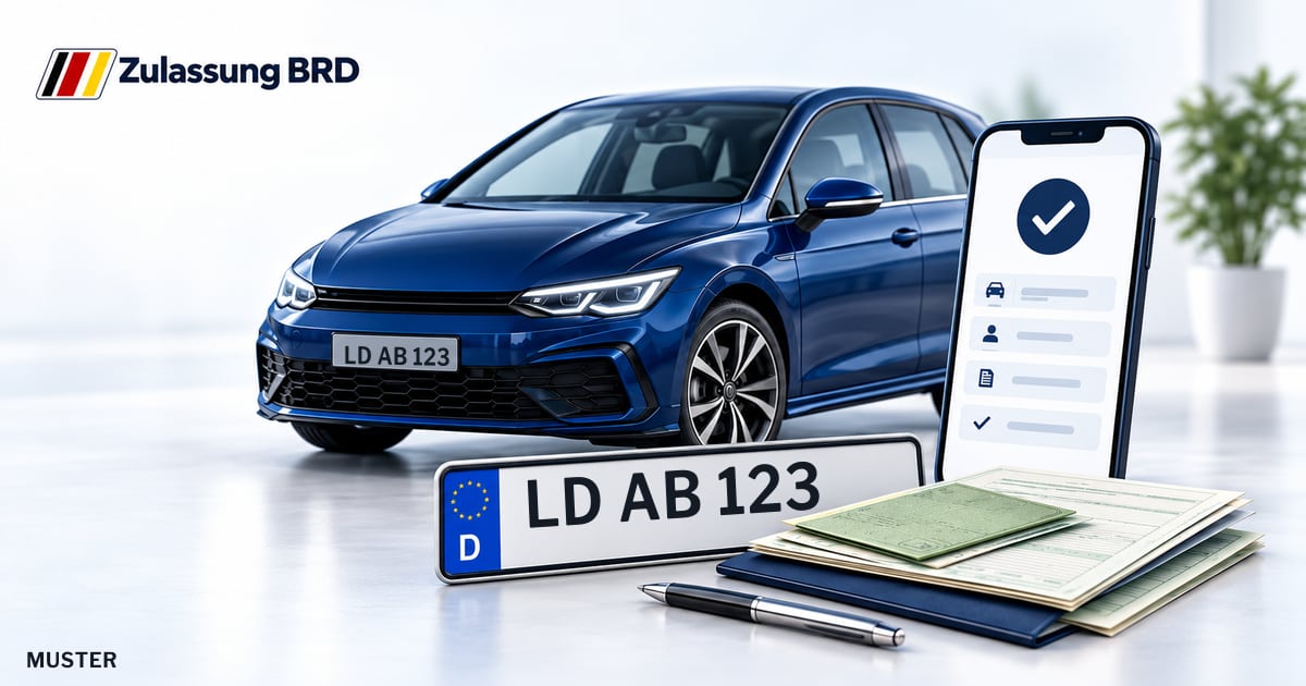 Online Fahrzeugzulassung in Landau: Musterkennzeichen LD AB 123, Auto und Fahrzeugpapiere und Smartphone. Illustration mit Logo von Zulassung BRD.